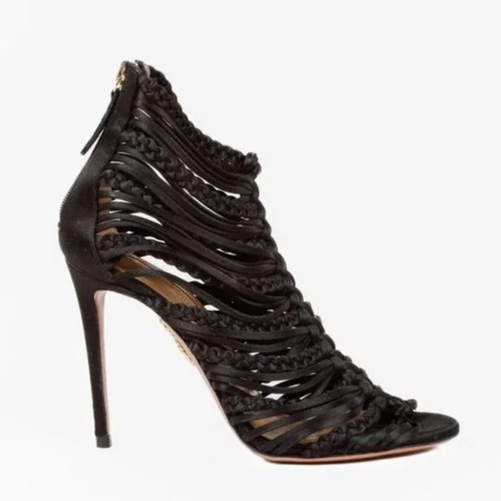 Aquazzura Goddess Black Satin Strappy Sandals